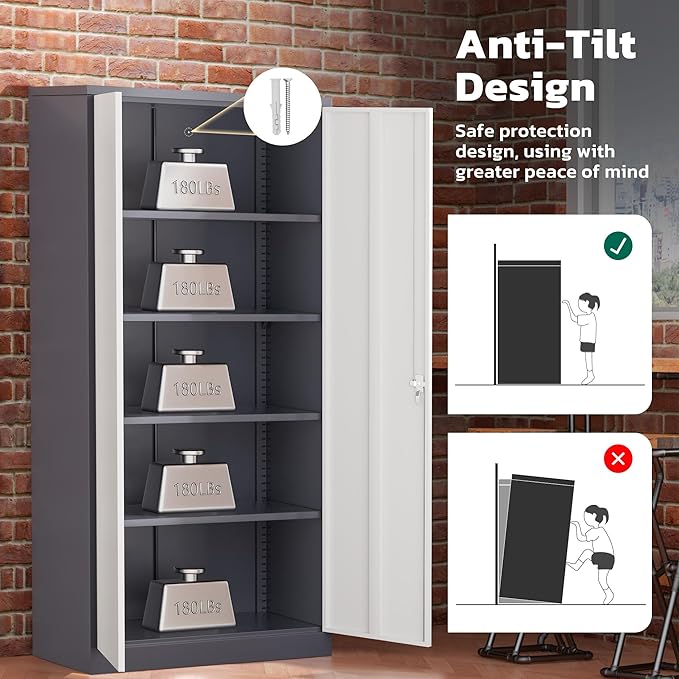Greenvelly Metal Garage Storage Cabinet with 2 Doors and 4 Adjustable Shelves, 72”H Steel Lockable Storage Cabinet,Tall Metal Cabinet Locking File Cabinet for Office,Home, Garage, Gym, School