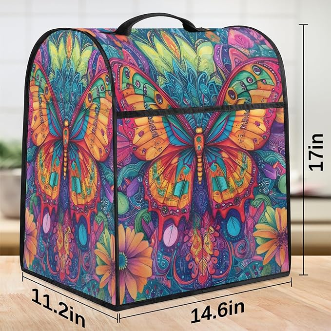 Kitchen Aid Mixer Cover Animal Butterfly Color Flowers Stand Mixer Cover Compatible with 6-8 Quarts Stand Mixers, Dust Covers with Zipper Pocket Foldable Washable Kitchen Aid Organizer Bag