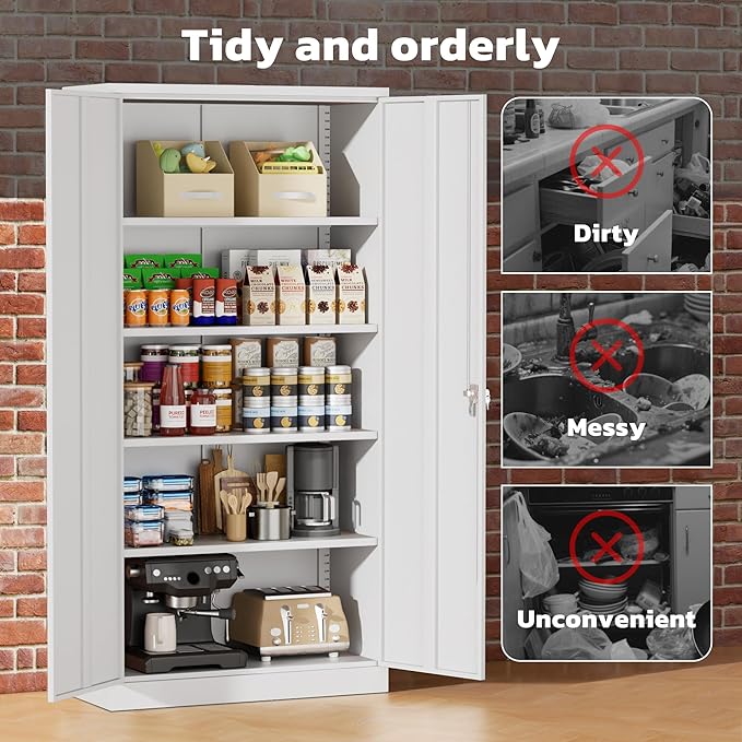 Greenvelly Metal Storage Cabinet with 2 Doors and 4 Adjustable Shelves, 72”H Metal Cabinet Lockable Storage Cabinet,Tall Locking File Cabinet for Office,Home, Garage, Gym, School