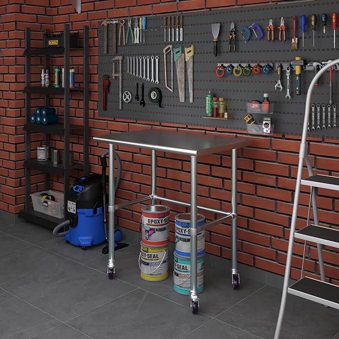 Stainless Steel Work Table Open Base & Wheels | Work Station | Metal Work Bench (Stainless Steel Work Table Open Base + Casters) (36" Long x 24" Deep)