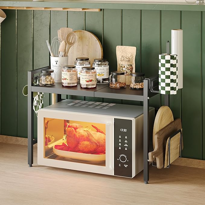 NETEL Expandable Microwave Stand,2 Tier Metal Kitchen Countertop Organizer Shelves with Paper Towel and Chopping Board Holder,Bakers Rack,Microwave Shelf,Microwave Oven Rack,55lbs Weight Capacity
