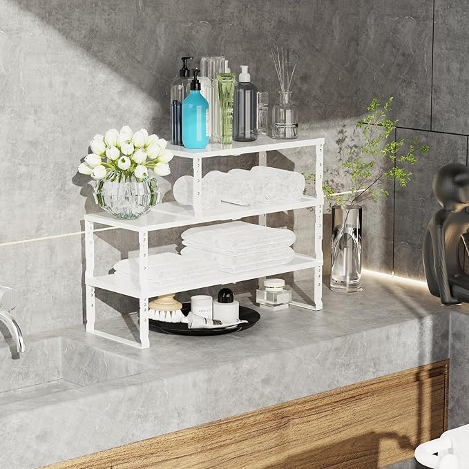 Expandable Stackable Spice Rack Organizer for Kitchen Cabinet,Adjustable Counter Shelf, countertop, Pantry,Cupboard,Bathroom,Bedroom(3Packs/White/Medium)