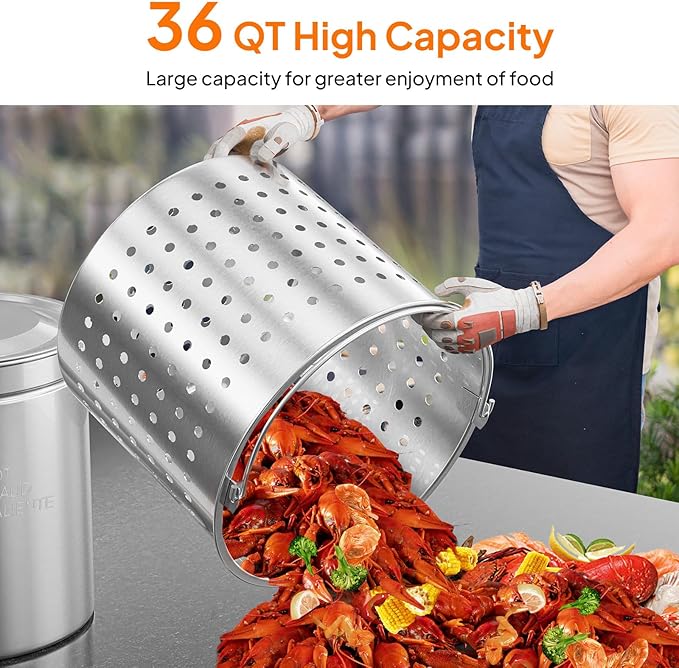 ROVSUN 36QT Stainless Steel Seafood Boil Pot with Strainer Basket, Lid & Hook, Versatile Stock Pot for Crab, Lobster, Shrimp Boiling, Heavy-Duty Turkey Fryer for Outdoor Cooking & Gatherings