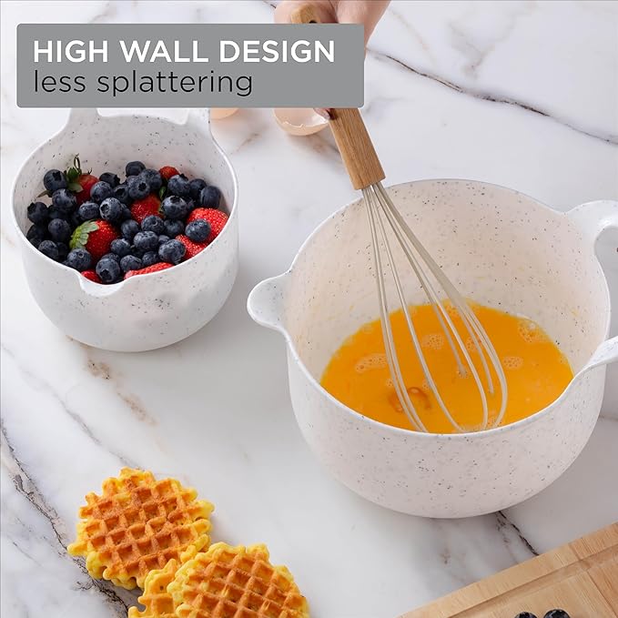 COOK WITH COLOR Nesting Plastic Mixing Bowl Set with Pour Spouts and Handles, Speckled White, 6 Piece Non-Slip