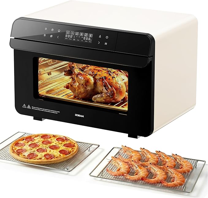 ROBAM Toaster Steam Combi Oven, Countertop Air Fryer 20-in-1 Oven with Convection & Grill, Stainless Steel Interior, 3-Layer Insulated Glass Door, 3 Steam Modes, 30 Built-In Recipes (White)