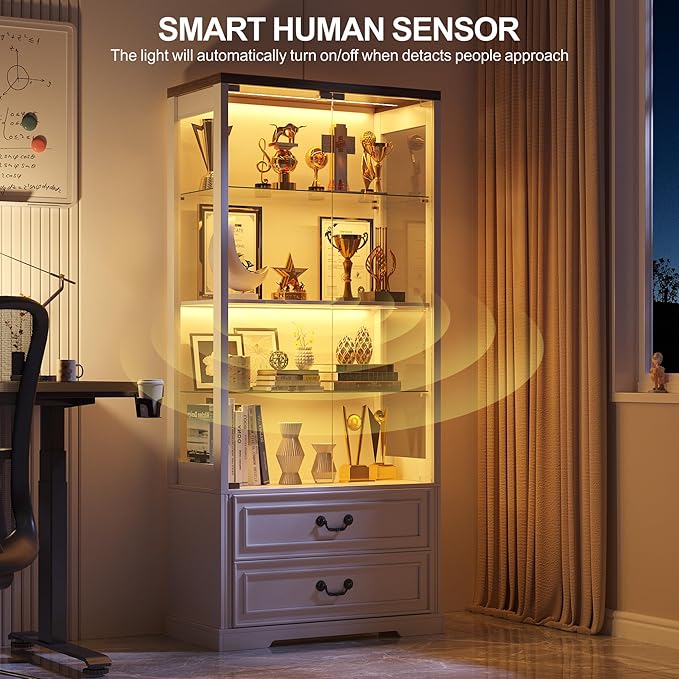 67" Tall Display Cabinet with Glass Doors and 2 Drawers, Adjustable Glass Height Bookcase, Curio Cabinet with 3 LED Lights and Human Body Sensor (White)