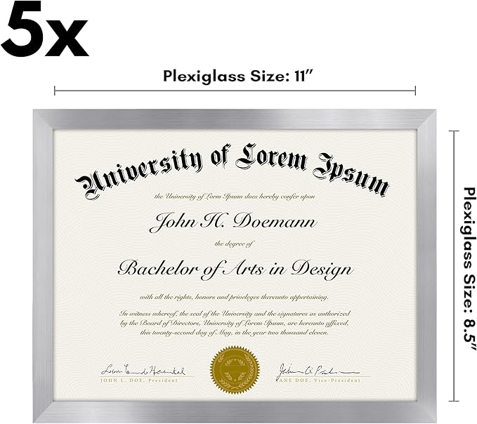 Americanflat 8.5x11 Diploma Frame with Polished Plexiglass - Set of 5 - Legacy Collection - Certificate Frame for Tabletop and Wall Display - Silver