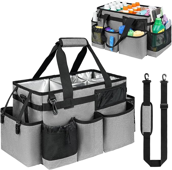 Cleaning Caddy Bag, Large Cleaning Supplies Organizer for Housekeepers, Housekeeping Caddy with Handle and Detachable Padded Cushion, Gray