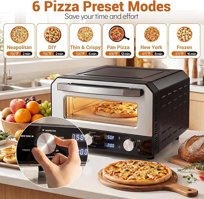 COSTWAY 1700W Electric Pizza Oven Indoor, 6 Presets & 2-Min Rapid Baking Heats up to 750℉, Countertop Pizza Oven for 12” Pizzas with Pizza Stone & Cutter Wheel for Home Kitchen