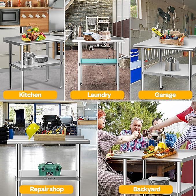 VIVOHOME 24 x 30 Inch Stainless Steel Work Table with Backsplash, Prep Commercial Table with Wheels for Restaurant, Hotel, Home and Warehouse