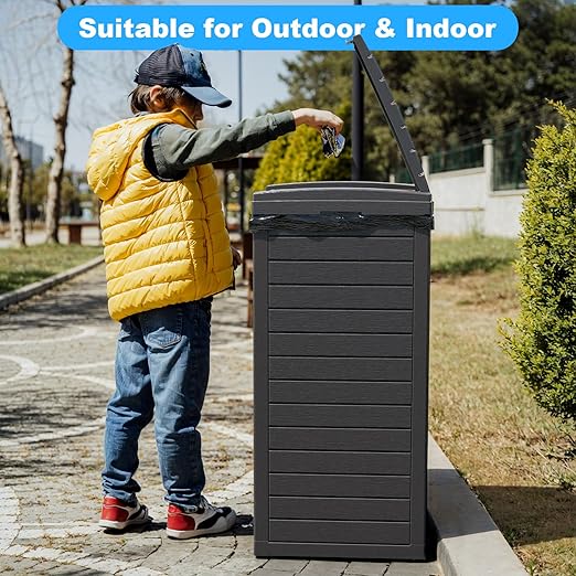 Outdoor Trash Can with Lid, Outdoor Trash Bin & Pull-Out Liquid Drawer, Dual Lid Closure Design, Waterproof Resin Garbage Can Container for Patio, Backyard, Deck (Black, 38Gallon)