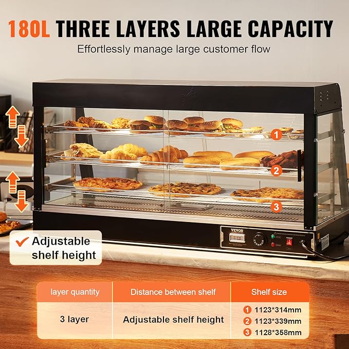 VEVOR 3-Tier Commercial Food Warmer Display, 1500W Food Display Warmer with Light, Adjustable Shelf and Temperature Display, 86℉~185℉ Steam Heating, 180L for Hamburger, Pizza, Bread, Fried Chicken