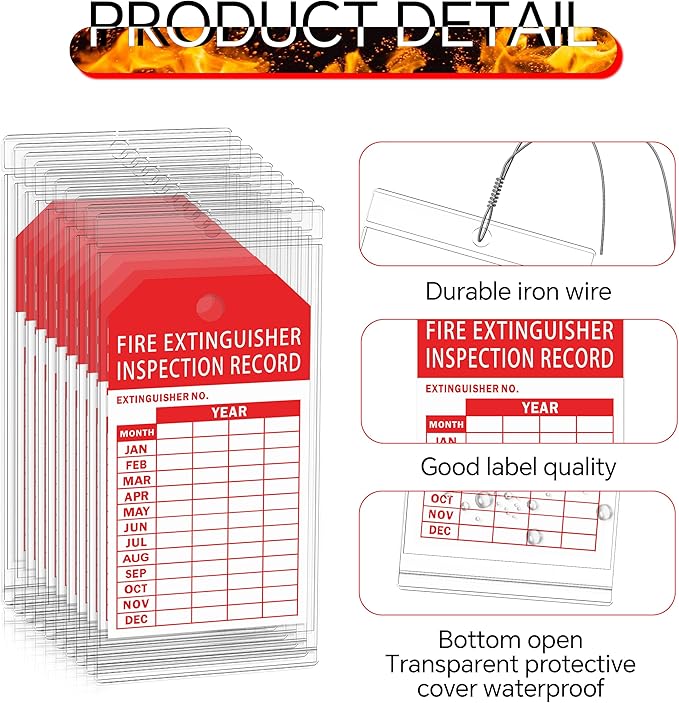 50 Fire Extinguisher Inspection Tag Plastic Cover 3.4 x 7.3 Inch Service Record Tags Fire Extinguisher Tamper Seal with Fire Tags and Iron Wire Resealable Waterproof for Indoor and Outdoor (50)