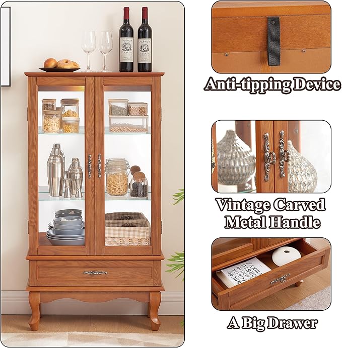 49" H Lighted Curio Cabinet Display Case, Glass Curio Cabinet with Adjustable Shelves,Tempered Glass Door and Drawer, Wooden Cabinets w/Mirrored Back Pane for Living Room (Oak)