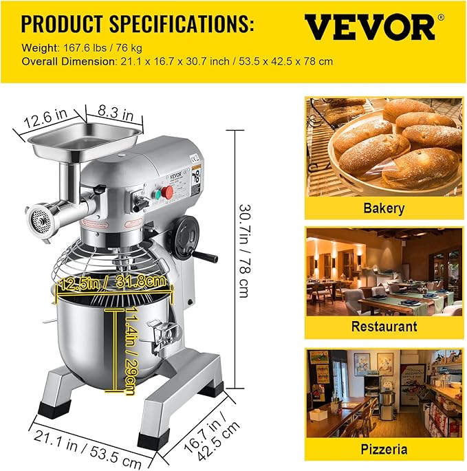 VEVOR Commercial Stand Mixer, 20Qt Stainless Steel Bowl, 1100W 2 in 1 Multifunctional Electric Food Mixer with Meat Grinder & 3 Speeds, Dough Hook Whisk Beater Included, Perfect for Bakery Pizzeria