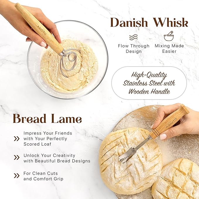 Sourdough Bread Baking Supplies and Starter Kit - Ultimate Bread Making and Sourdough Starter Kit with Proofing Baskets, 34oz Sourdough Jar, Bread Lame, Scrapers & Danish Whisk