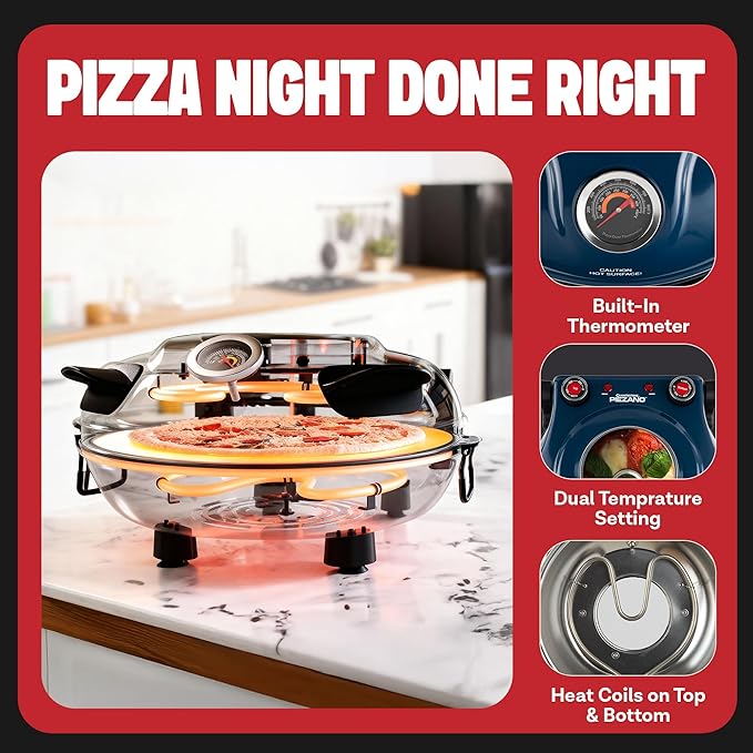 PIEZANO Crispy Crust Pizza Oven by Granitestone – Electric Pizza Oven Indoor Portable, 12 Inch Indoor Pizza Ovens Countertop, Pizza Maker Heats up to 800˚F for Stone Baked Pizza at Home - Navy