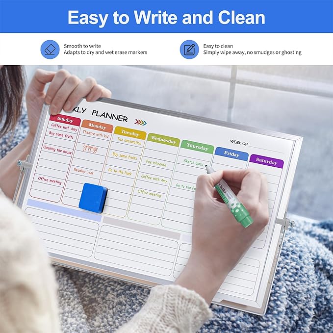 3 in 1 Colorful Magnetic Dry Erase Weekly Planner&Monthly Calendar& 16"x12" Double Sided Magnetic Desktop Whiteboard with Stand,8 Markers, 4 Magnets, 1 Eraser for Office,School,Home