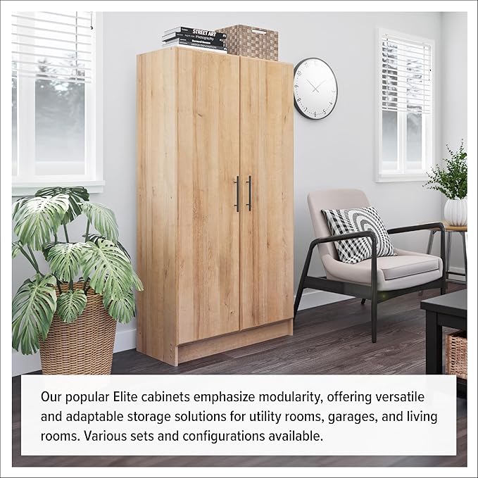 Prepac Elite Tall Garage Storage Cabinet & Pantry Storage Cupboard, 2-Door Freestanding Bathroom or Pantry Cabinet with Adjustable Shelves, 16" D x 32" W x 65" H, Oak