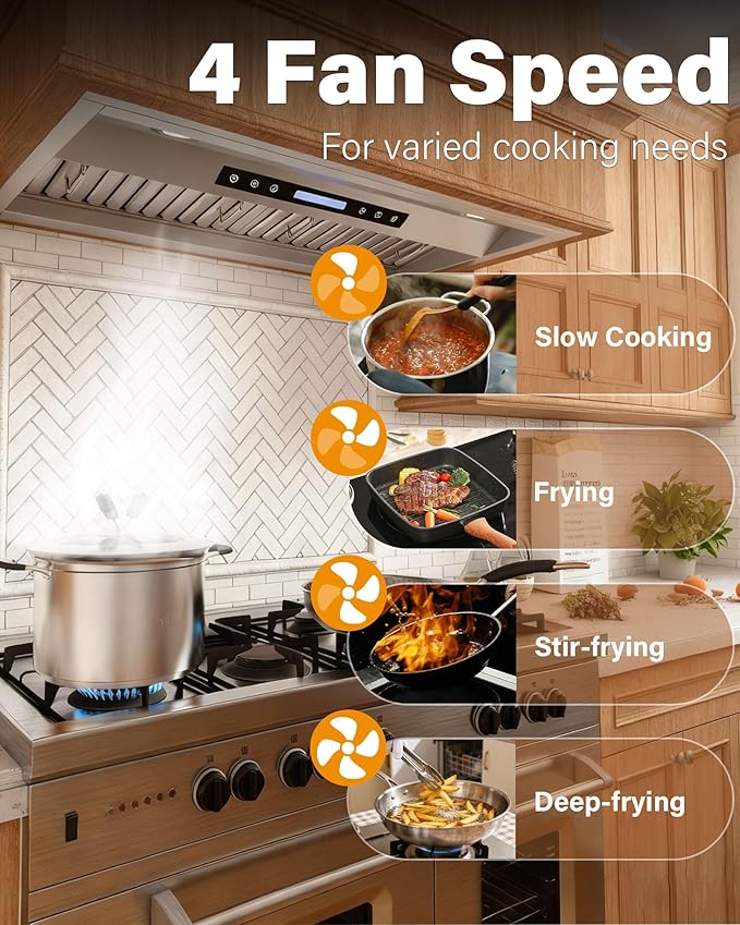 42 inch Stainless Steel Insert Range Hood - 900 CFM, Ultra-Quiet 4-Speed Vent, Touch/Remote Control, LED Lights, Ducted/Ductless Convertible