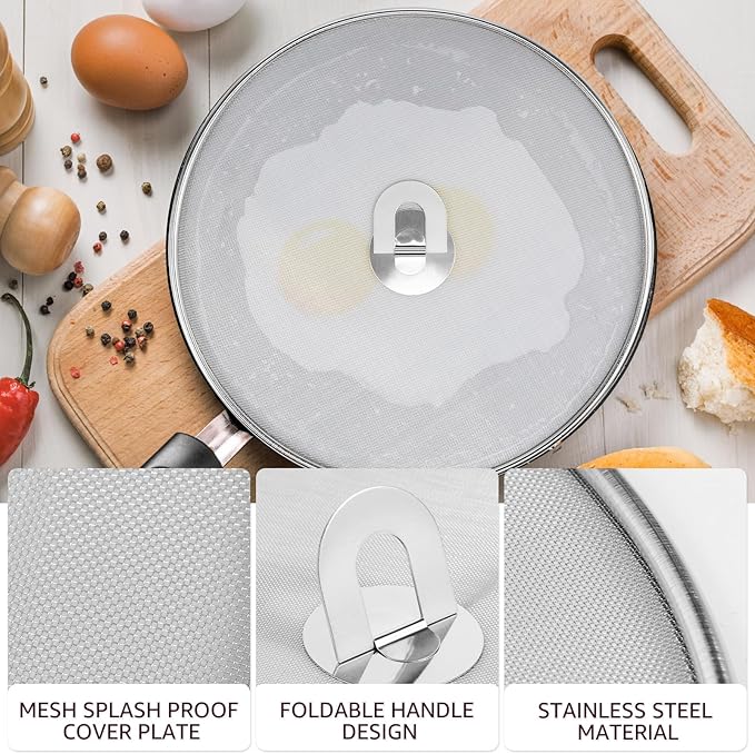 3 Pcs Splatter Guard Stainless Steel Frying Pan Splatter Screen Splash Proof Oil Splatter Cover with Foldable Handle Mesh Oil Proofing Lids for Kitchen Cooking (9.8 inch, 11.4 inch, 13 inch)