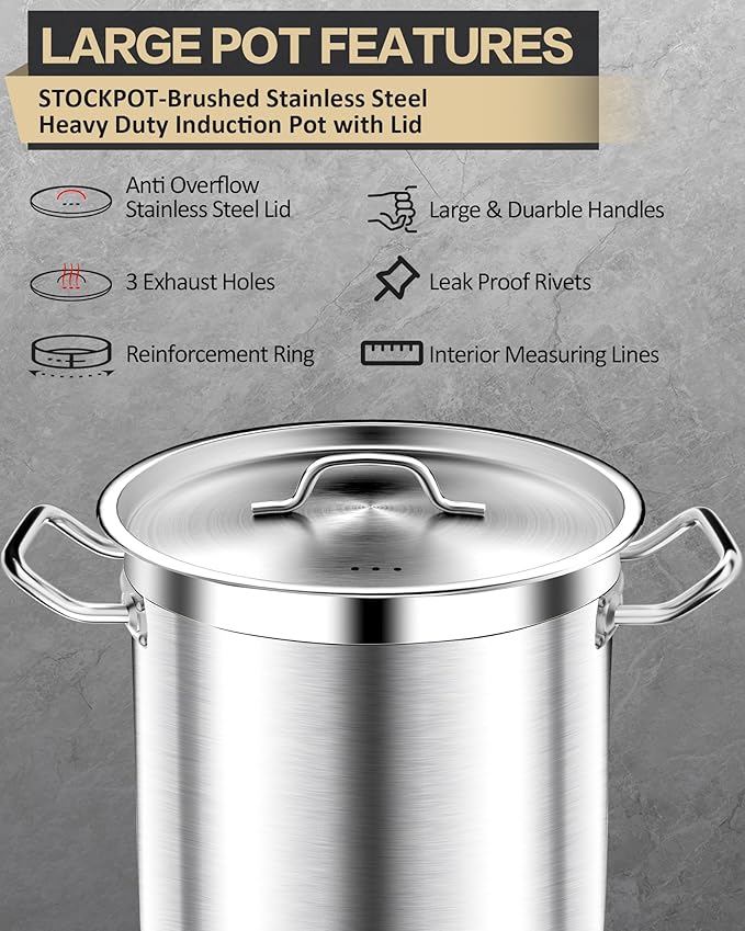 Commercial Grade Large Stock Pots - Soup Pot with Lid - Non-Nickel Stainless Steel - Healthy Cookware Polished Stockpots - Heavy Duty - 35 Quart (8.8Gallon)