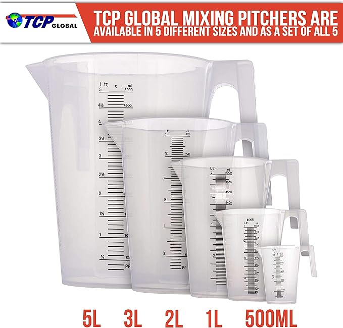 TCP Global 3 Liter (3000ml) Plastic Graduated Measuring and Mixing Pitcher (Pack of 4) - Holds 3 Quarts 0.75 Gallon - Pouring Cup, Measure & Mix Paint, Resin, Epoxy, Kitchen Cooking Baking Ingredients