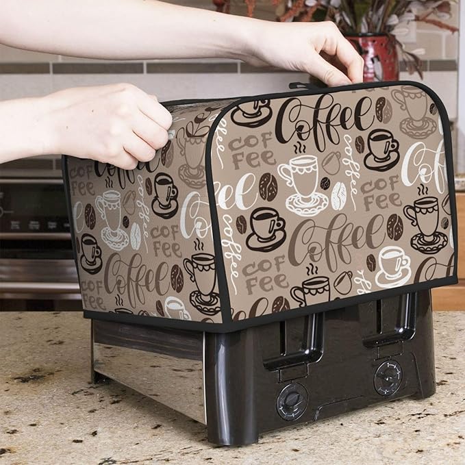 Brown Coffee Pattern 4 Slice Toaster Cover, Waterproof Toaster Dust Cover Bread Maker Protective Cover For Small Kitchen Appliance Dining Room Table Home Decor Gifts