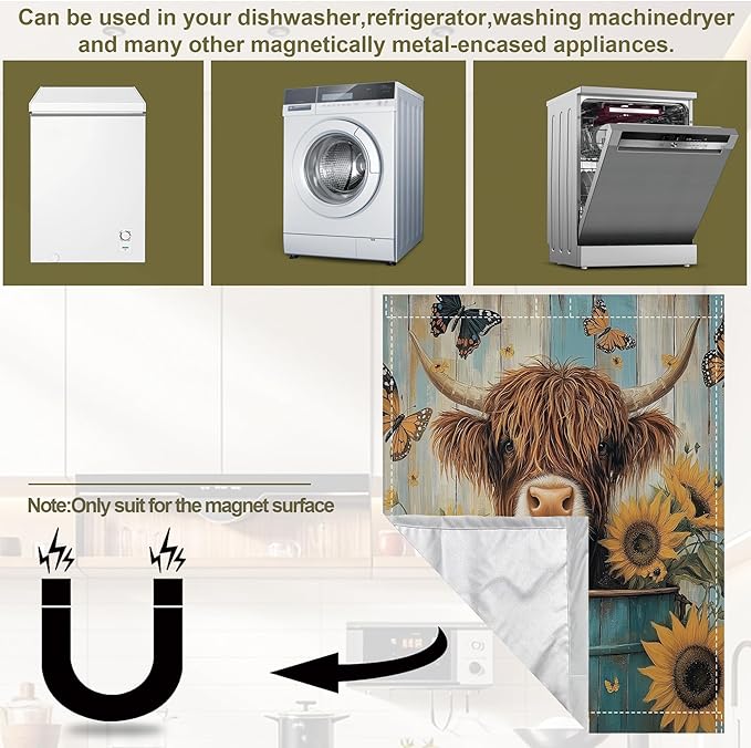 Highland Cow Magnetic Dishwasher Cover,Sunflower Butterfly Dishwasher Covers for The Front Magnetic Dishwasher Panel Decal Cover for Kitchen 23x26inch