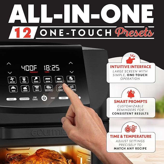 Gourmia Air Fryer - 14 Qt All-in-One Oven with Rotisserie, Digital Display with 12 Presets, Roast, Bake, Broil, Dehydrate, Dishwasher Safe Accessories, Black