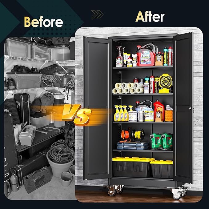 71''H Tall Metal Garage Storage Cabinet with Wheels,Steel File Cabinets with 2 Doors and 4 Adjustable Shelves for Home Office, Warehouse, Required Assembly,Black