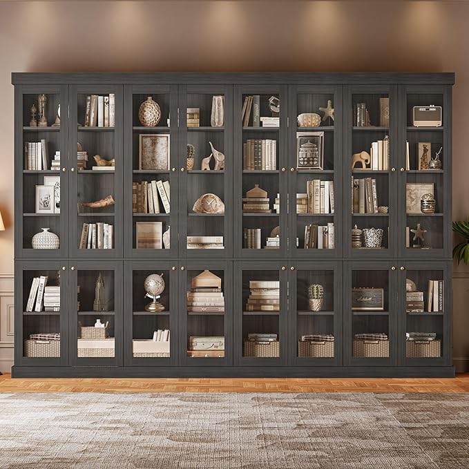 70.8" Bookshelf with Glass Doors, Farmhouse Modular Bookcase with 6-Tier Adjustable Shelves, Large Storage Cabinet for Living Room & Home Office, Set of 4, Black