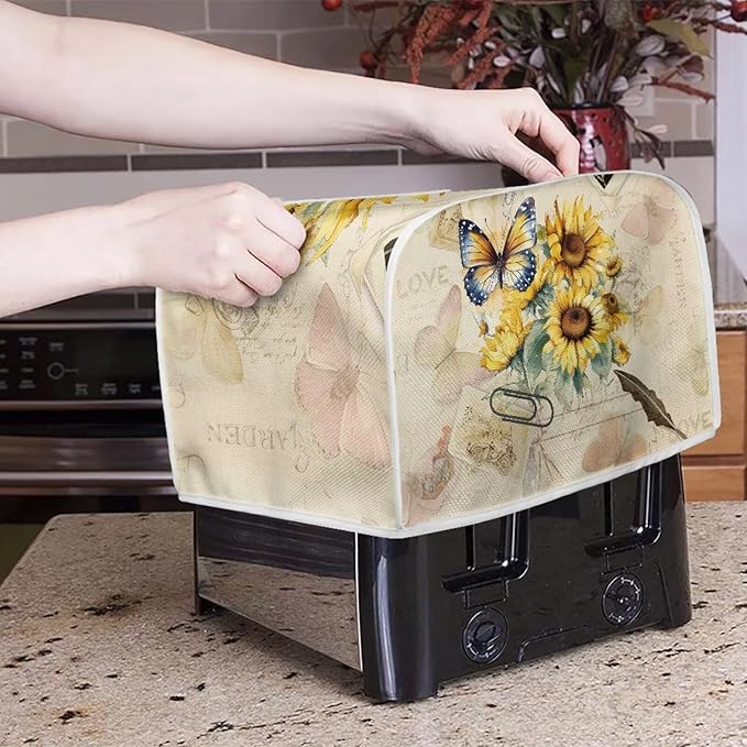 Vintage Butterfly Sunflower 2 Slice Toaster Cover - Bread Machine Dust Cover Protection, Stain Resistant with Handle Keep Clean