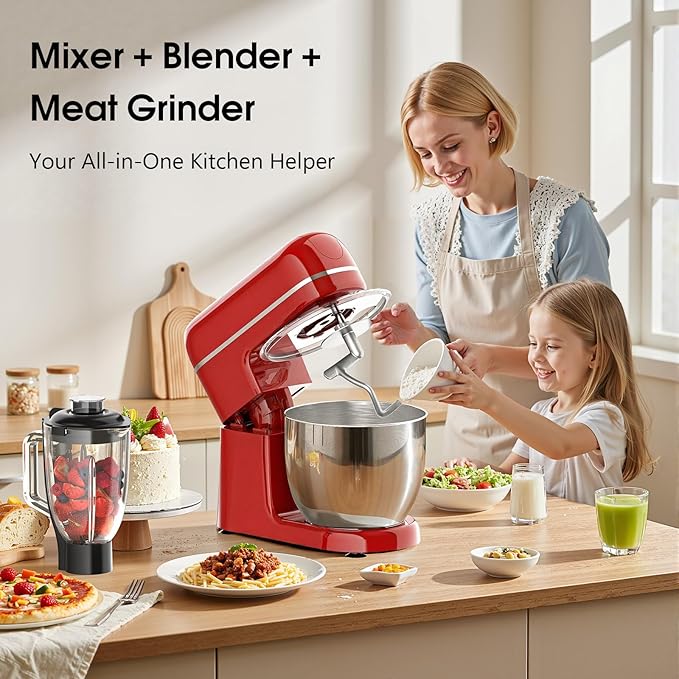 Stand Mixer, 7-IN-1 6.5QT 660W Multifunctional Electric Kitchen Mixers with Blender, Meat Grinder, Dough Hook, Whisk and Beater, 8-Speed Food Mixer for Baking, Cooking, Food Processing, Red
