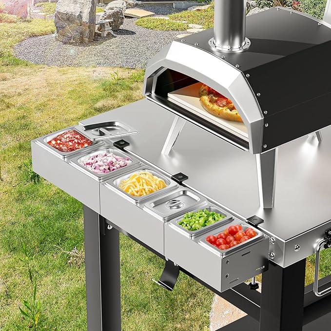 Pizza Topping Station Stainless Steel, 6 Seasoning Containers with Lid, Condiment Tray for Prepping Toppings, Pizza Oven Accessories, Grill Table Cart Topping Station, C-Clamp for Different Tabletop