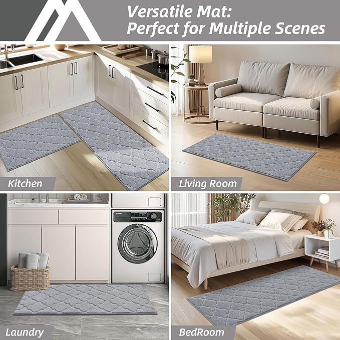 COSY HOMEER Soft Kitchen Rugs [2 PCS] for in Front of Sink Super Absorbent Kitchen Floor Mats and Mats 24x35 Inch/24X60 Non-Skid Kitchen Mat Standing Mat Washable,Polyester,Grey