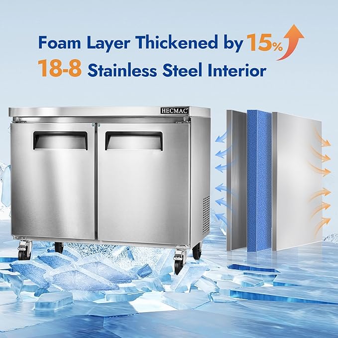 HECMAC 36" Commercial Freezer, 9.68 Cu.ft Worktop Undercounter Fridge with 2 Solid Door, -8~0℉, 18-8 Stainless Steel Interior, ETL&NSF/ANSI 7 for Restaurant, Bar, Shop, Kitchen Use