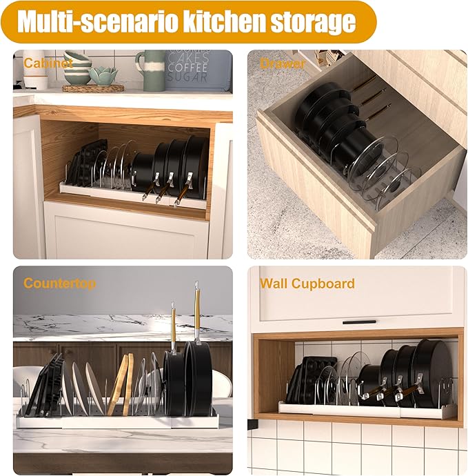 2 Pack Pots and Pans Organizer Racks Under Cabinet, Expandable Food Storage Container Lid Holder, Includes 20 Stainless Steel Racks & White Plastic Base, Perfect for Kitchens, Apartments & RVs
