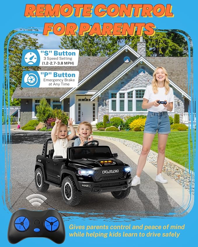 ENYOPRO 24V Ride on Toys for Big Kids, Licensed RAM 1500 RHO 2 Seater Toddlers Ride on Car w/Remote Control, Kids Electric Car w/Truck Bed Storage, Real Tailgate, Bluetooth, USB, LED Lights (Black)