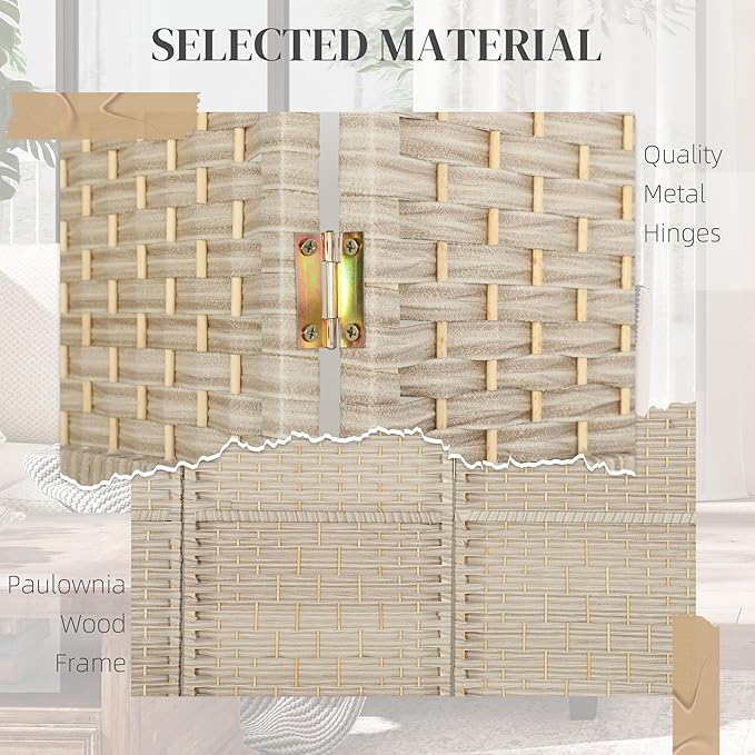 HOMCOM 4 Panel Room Divider, 6' Tall Folding Privacy Screen, Woven Freestanding Wall Partition for Home Office, Bedroom, Washed Oak