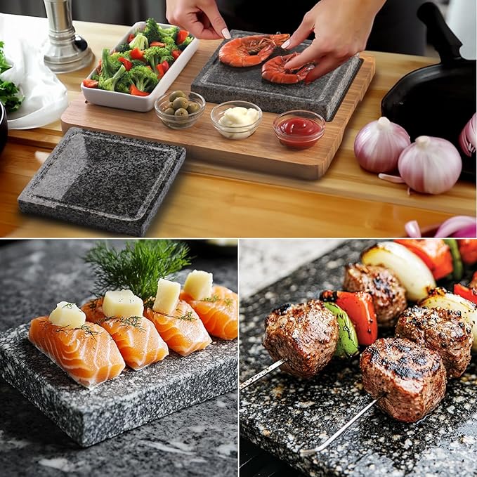 Artestia Hot Stone Steak Cooking Set – 2 Natural Granite Grill Stones + 1 Bamboo Tray +1 Salad Plate & 3 Sauce Bowls – Indoor/Outdoor BBQ Sizzling Steak & Seafood Grilling Gift