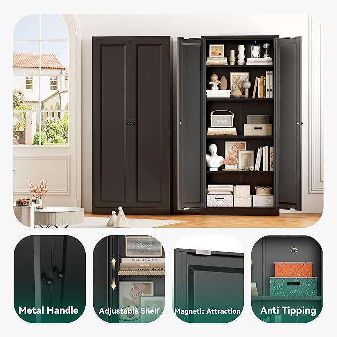 Greenvelly Metal Cabinet, 63" H Black Metal Storage Cabinet with Doors and 4 Shelves, Pantry Storage Cabinet for Kitchen, Bedroom, Living Room, Office (Modern)