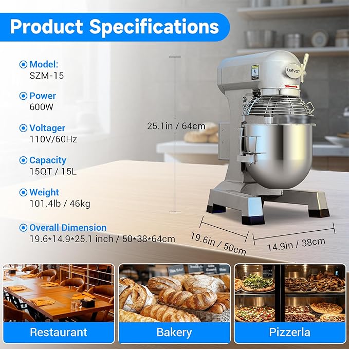 15Qt Commercial Food Mixer with Timing Function,600W Commercial stand mixer 3-Speed Adjustable,Electric Heavy Duty Dough Mixer with Stainless Steel Bowl for Bakery Pizzeria