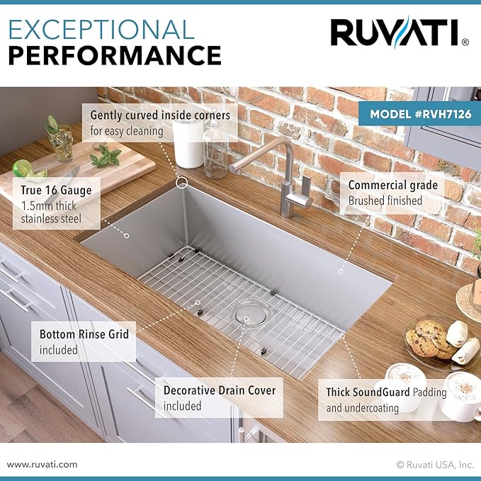 Ruvati 26-inch Undermount 16 Gauge Tight Radius Stainless Steel Kitchen Sink Single Bowl - RVH7126
