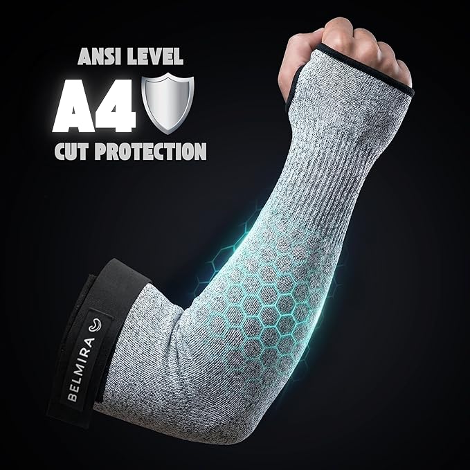 Belmira Cut Resistant Sleeves with Thumb Hole - ANSI A4 Arm Protectors for Thin Skin and bruising, Thorn Proof Gardening Sleeves for Men & Women With Adjustable Fit (1 Pair, 18", Grey)