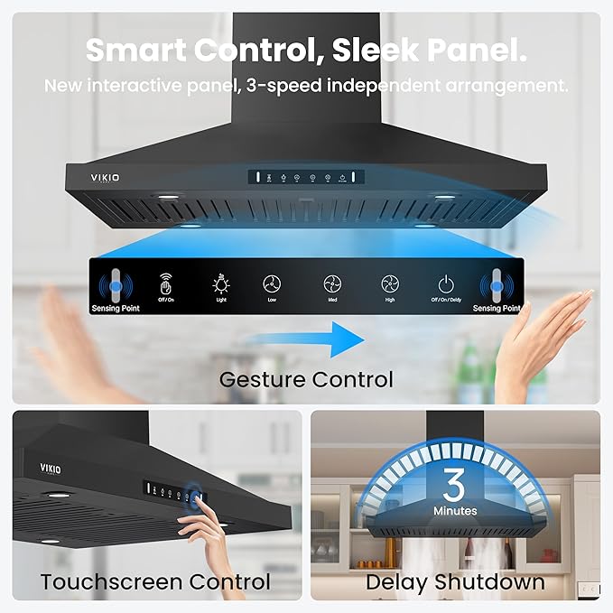 Island Range Hood 30 Inch, 390 CFM kitchen Hood with Dual-Sided Touch/Gesture Control, Ceiling Mount Kitchen Vent Hood, Convertible Ducted/Ductless, 3-Speed Fan&4 LED Lights, 2 Baffle Filters, Black