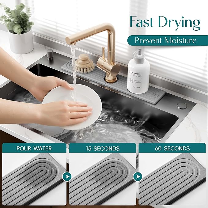 Faucet Mat for Kitchen Sink - Diatomaceous Earth Faucet Splash Guard, Fast Drying Sink Protector - Water Absorbing Stone for Bathroom Sink (Grey, 20'' x 3.9'')