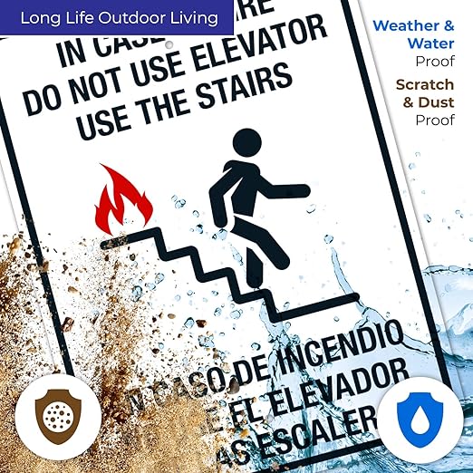 in Case of Fire Do Not Use Elevator Use The Stairs Bilingual Sign, Fire Safety Sign, 18x24 Inches, Rust Free .063 Aluminum, Fade Resistant, Indoor/Outdoor Use, Made in USA