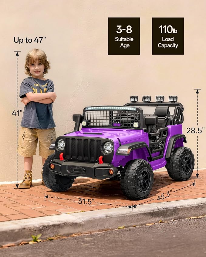2 Seater Ride on Car Toy, 12V Electric Car for Kids 4-8 with Remote Control, Capacity 110 lb, LED Light - Purple