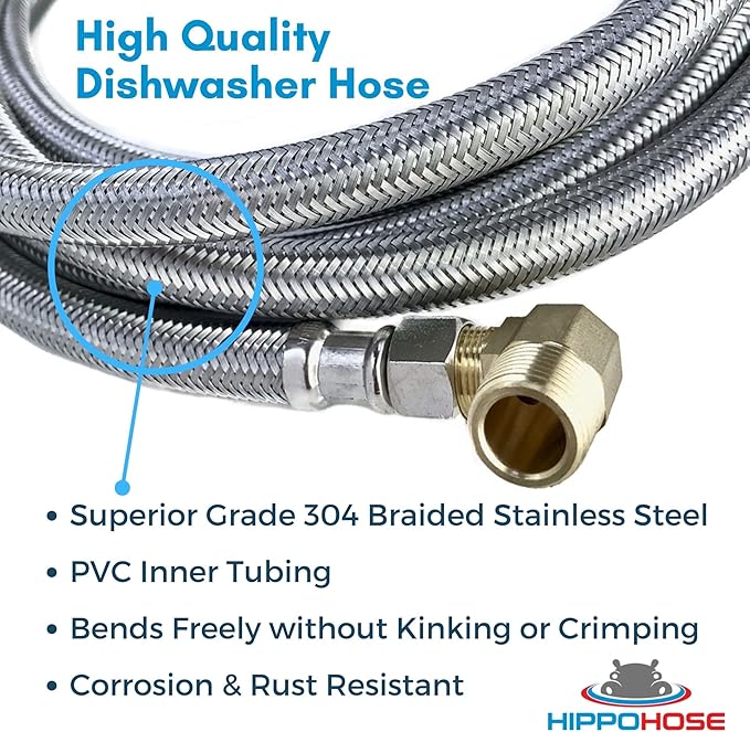 Dishwasher Water Hose Kit (10 FT) - Universal Fit to All Dishwasher Brands - Braided SS Dishwasher Water Supply Line - 3/8" Comp x 3/8" Elbow & All Fittings Included